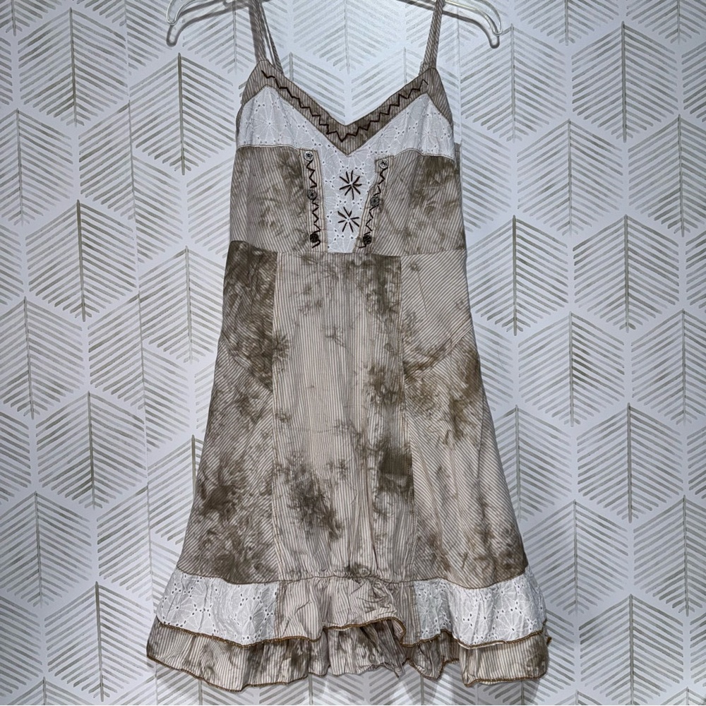 Forla Paris Midi Dress Peasant Tye Die Ruffle Boho Embroidered Pinstripe Sz S‎